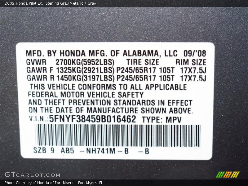 Sterling Gray Metallic / Gray 2009 Honda Pilot EX