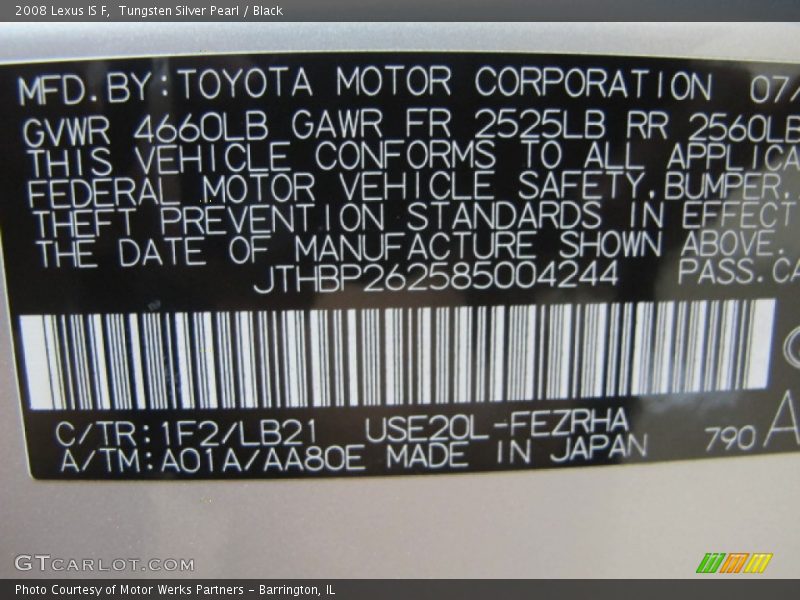 Tungsten Silver Pearl / Black 2008 Lexus IS F