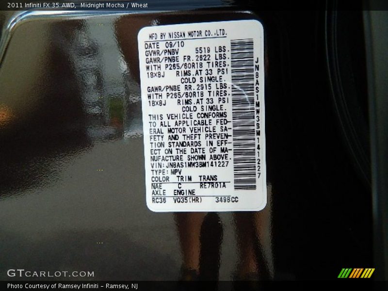 2011 FX 35 AWD Midnight Mocha Color Code NAE