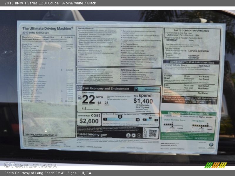  2013 1 Series 128i Coupe Window Sticker