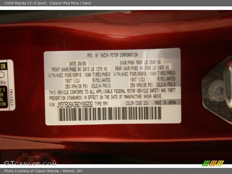 2009 CX-9 Sport Copper Red Mica Color Code 32V