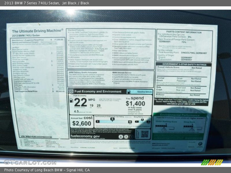  2013 7 Series 740Li Sedan Window Sticker