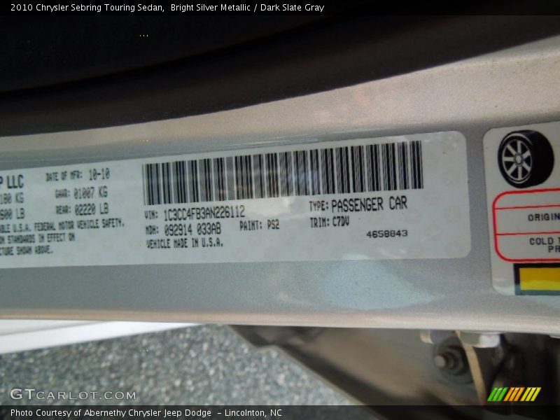 Bright Silver Metallic / Dark Slate Gray 2010 Chrysler Sebring Touring Sedan
