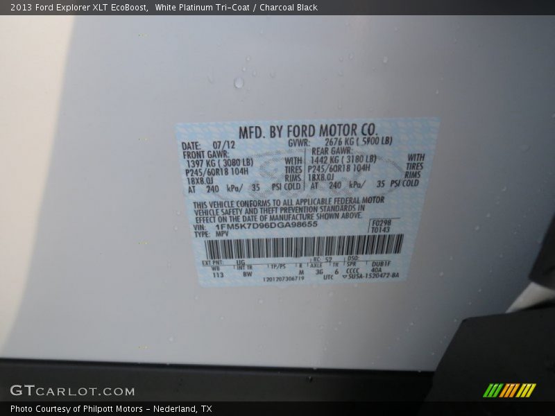 2013 Explorer XLT EcoBoost White Platinum Tri-Coat Color Code UG