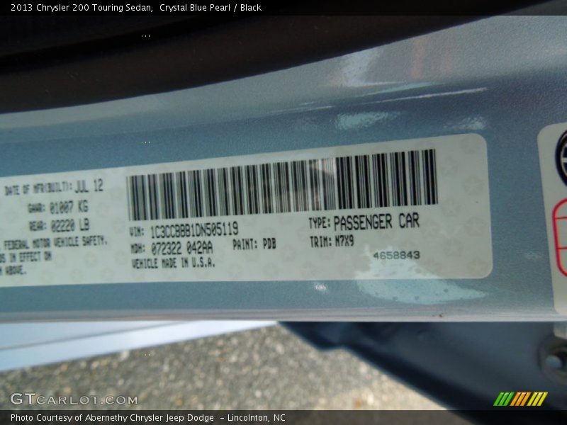 2013 200 Touring Sedan Crystal Blue Pearl Color Code PDB