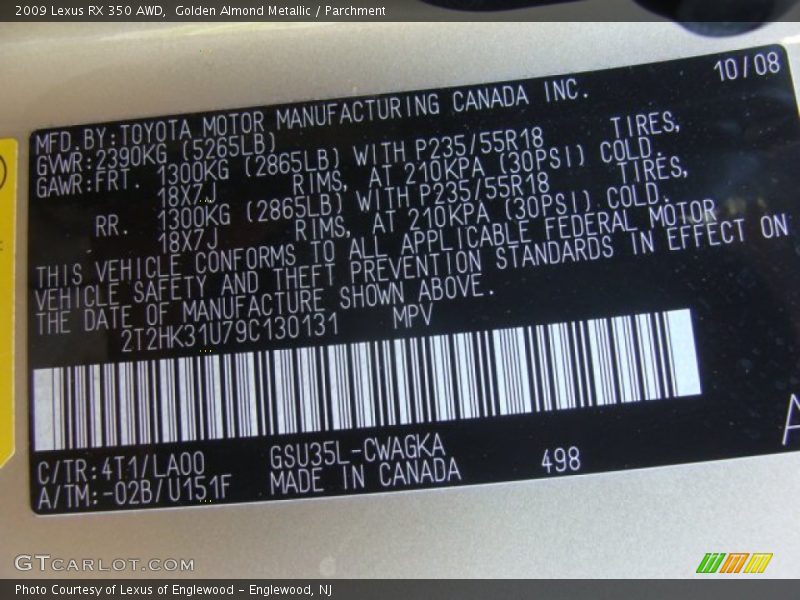 Golden Almond Metallic / Parchment 2009 Lexus RX 350 AWD