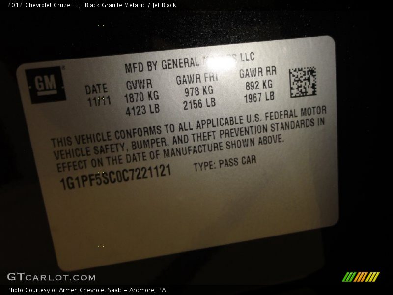 Black Granite Metallic / Jet Black 2012 Chevrolet Cruze LT