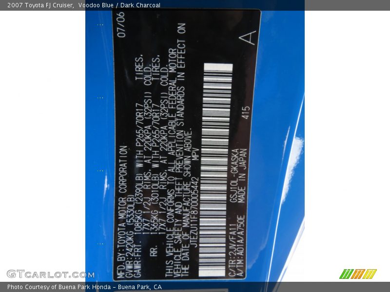 Voodoo Blue / Dark Charcoal 2007 Toyota FJ Cruiser