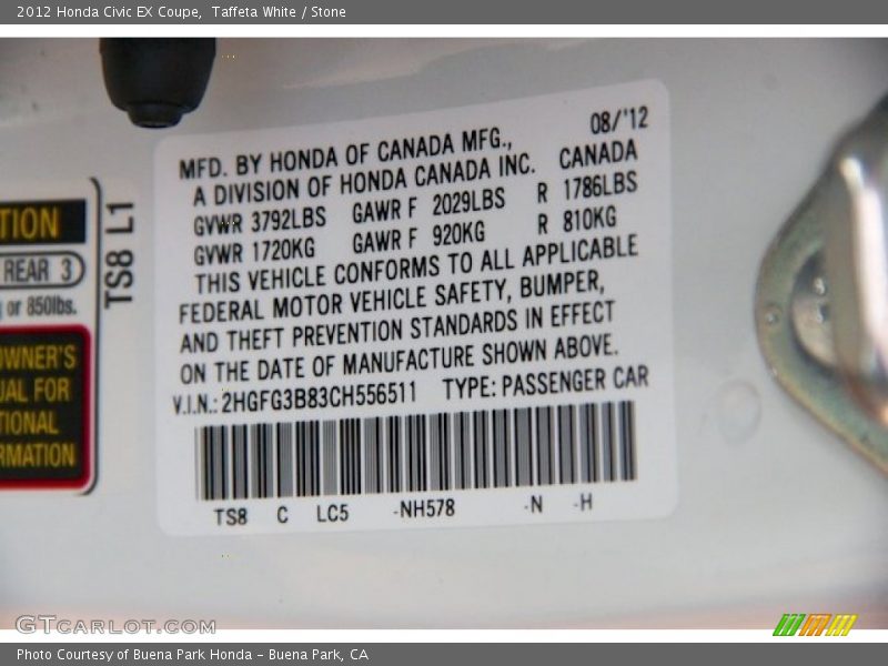 Taffeta White / Stone 2012 Honda Civic EX Coupe