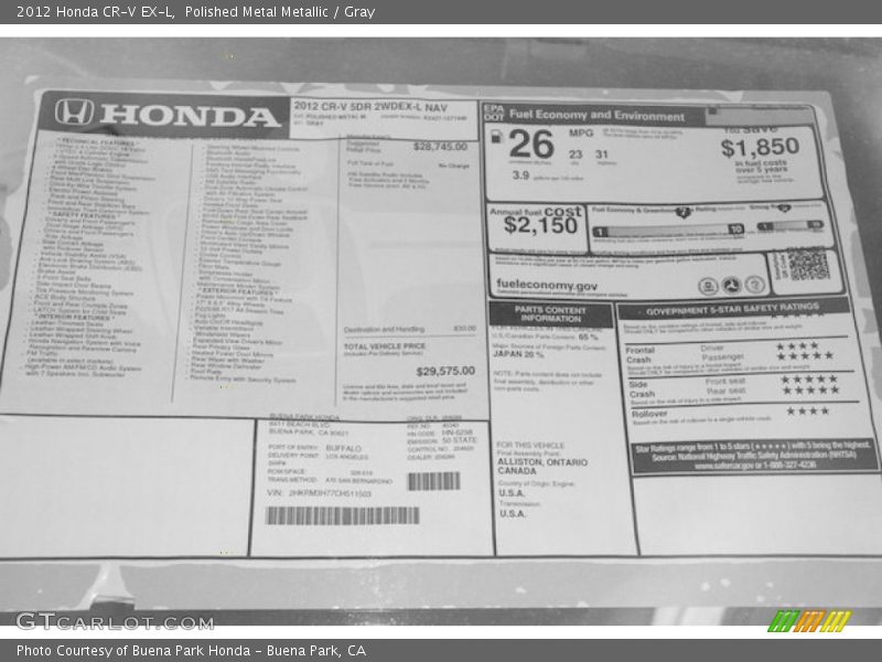 Polished Metal Metallic / Gray 2012 Honda CR-V EX-L