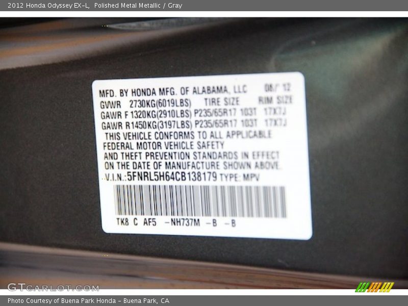 Polished Metal Metallic / Gray 2012 Honda Odyssey EX-L