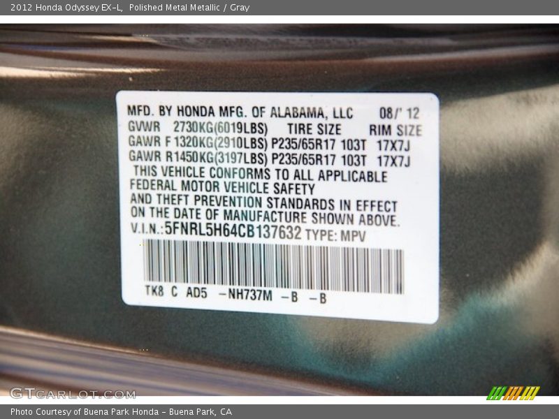 Polished Metal Metallic / Gray 2012 Honda Odyssey EX-L