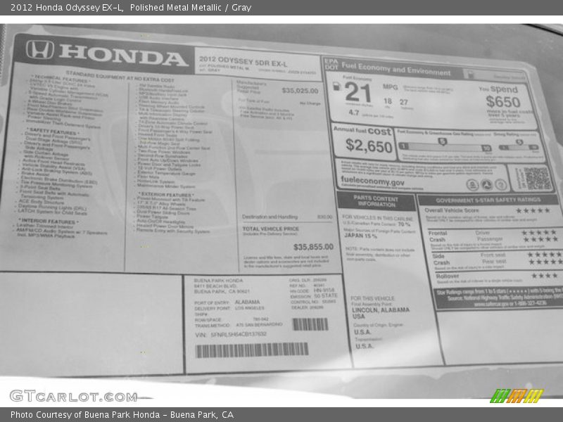 Polished Metal Metallic / Gray 2012 Honda Odyssey EX-L