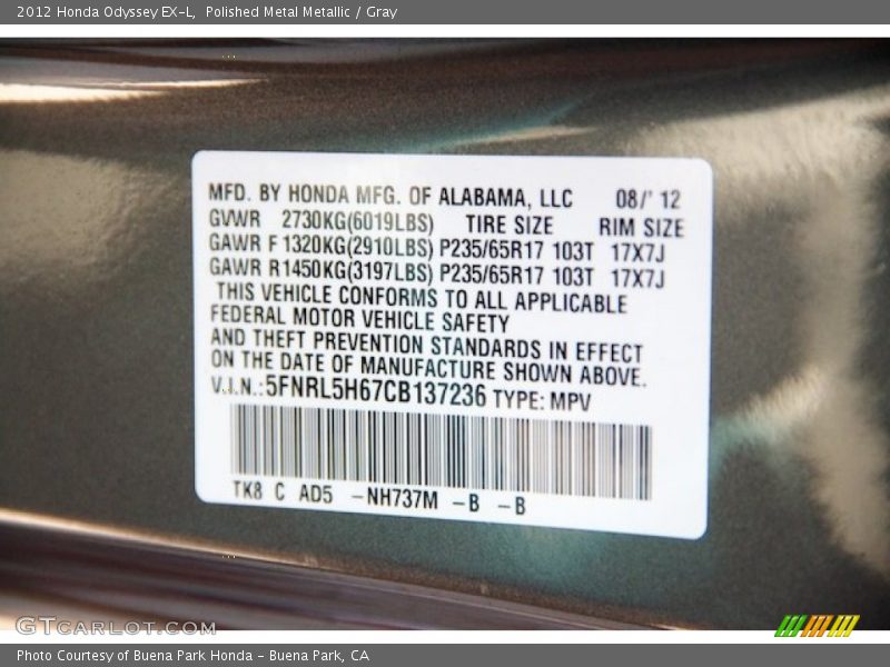 Polished Metal Metallic / Gray 2012 Honda Odyssey EX-L