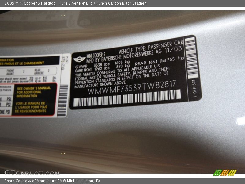 Pure Silver Metallic / Punch Carbon Black Leather 2009 Mini Cooper S Hardtop