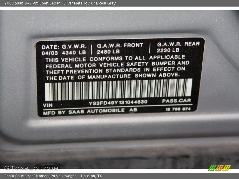 Silver Metallic / Charcoal Grey 2003 Saab 9-3 Arc Sport Sedan