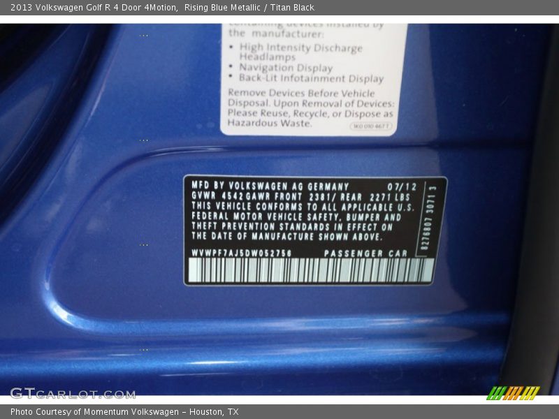 Rising Blue Metallic / Titan Black 2013 Volkswagen Golf R 4 Door 4Motion