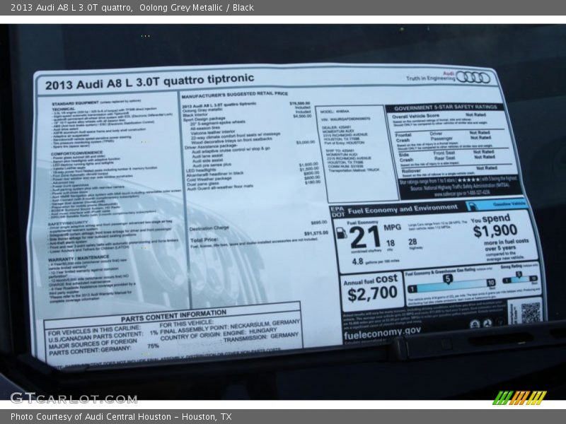 Oolong Grey Metallic / Black 2013 Audi A8 L 3.0T quattro