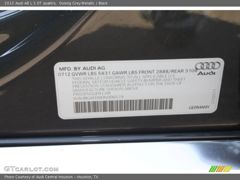 Oolong Grey Metallic / Black 2013 Audi A8 L 3.0T quattro