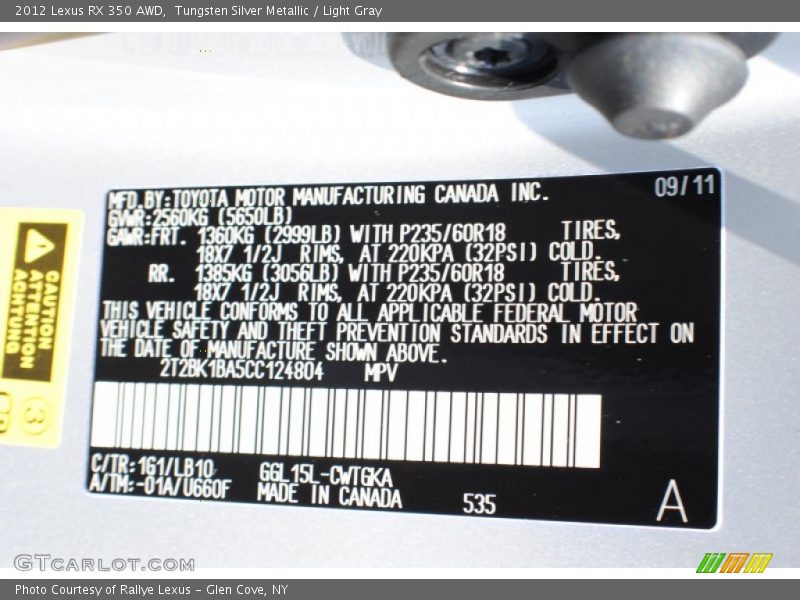 Tungsten Silver Metallic / Light Gray 2012 Lexus RX 350 AWD
