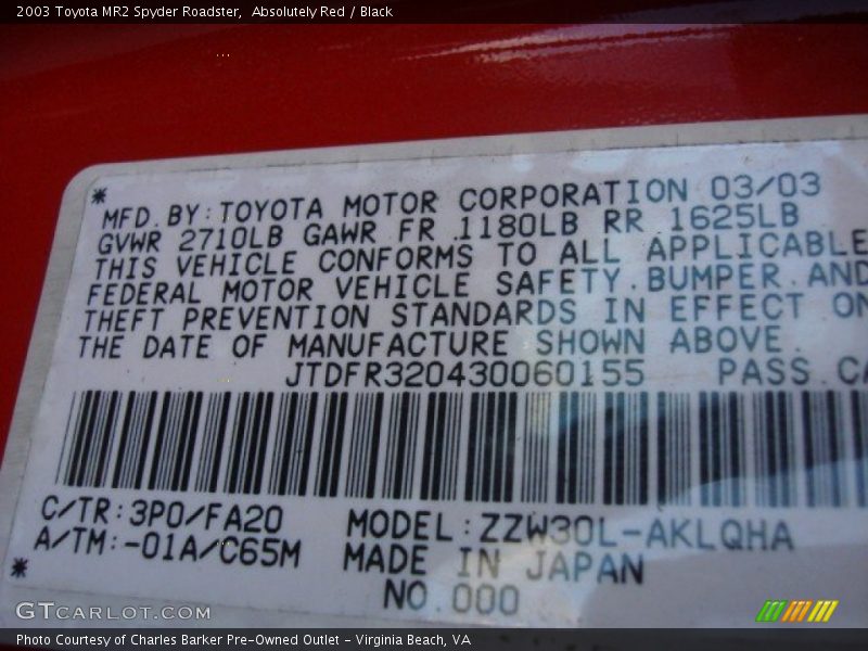 Absolutely Red / Black 2003 Toyota MR2 Spyder Roadster