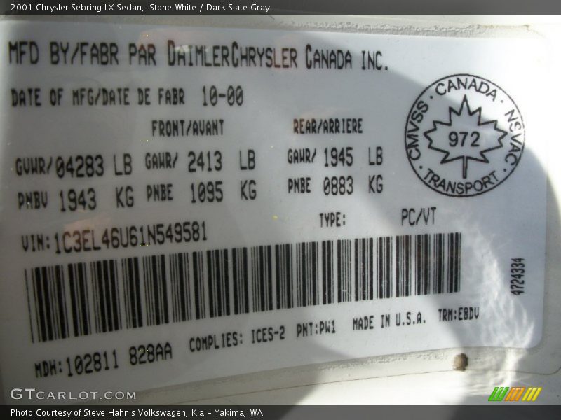 2001 Sebring LX Sedan Stone White Color Code PW1
