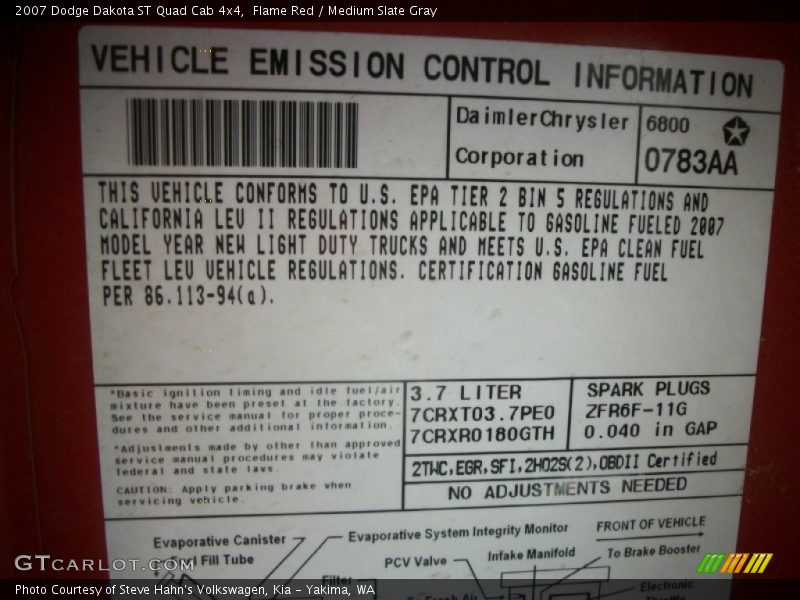 Info Tag of 2007 Dakota ST Quad Cab 4x4