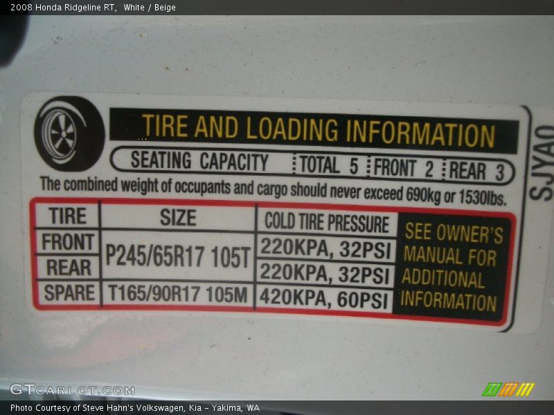 Info Tag of 2008 Ridgeline RT