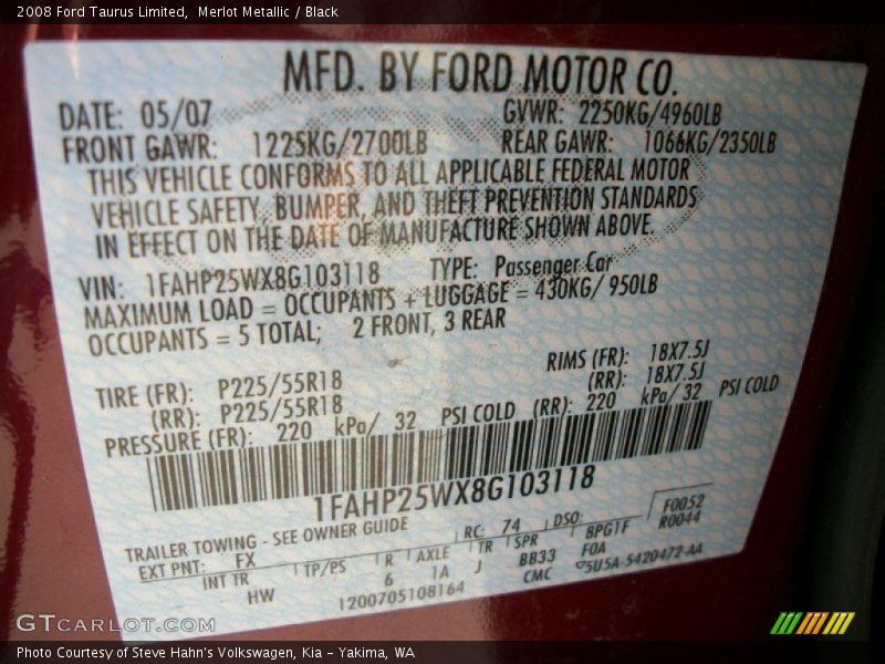 2008 Taurus Limited Merlot Metallic Color Code FX