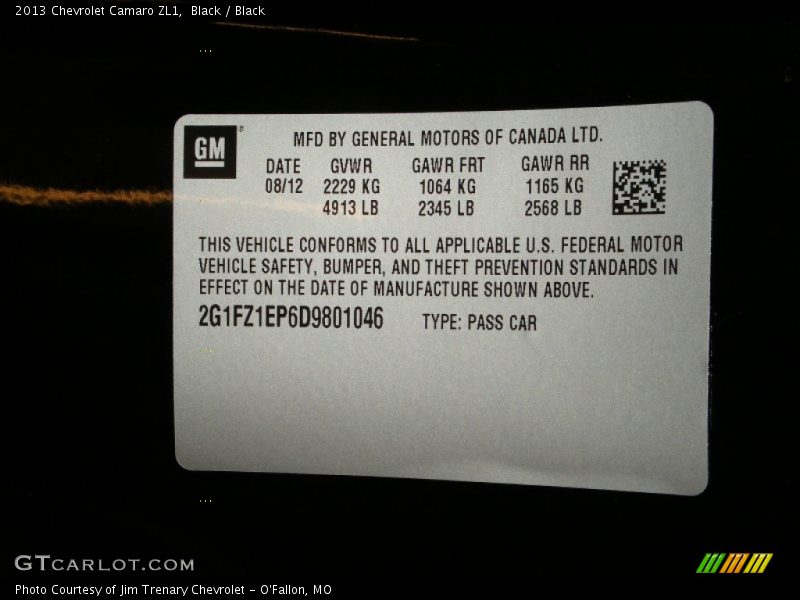 Info Tag of 2013 Camaro ZL1