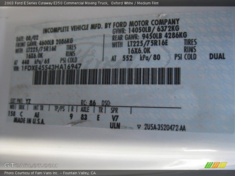 Oxford White / Medium Flint 2003 Ford E Series Cutaway E350 Commercial Moving Truck