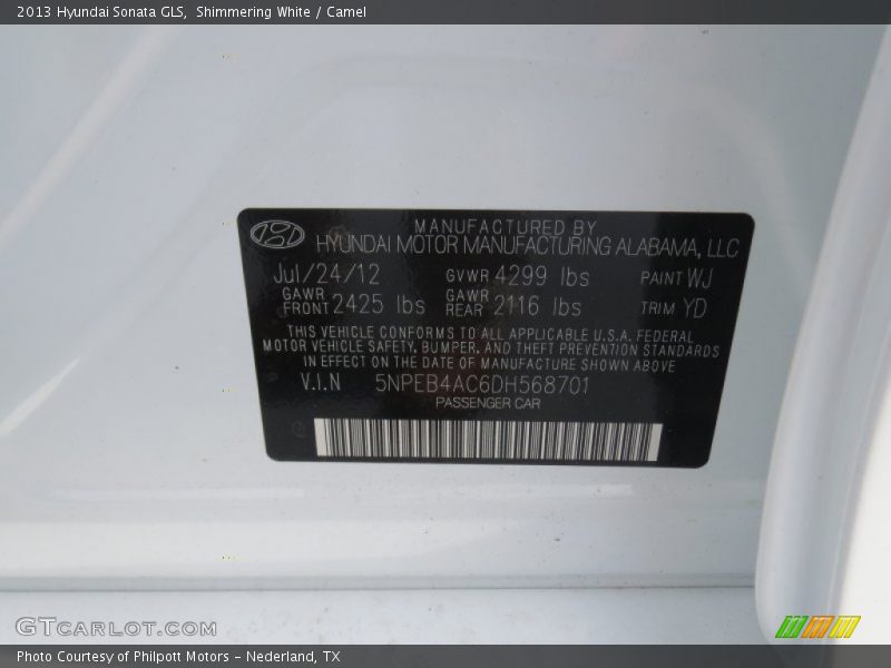 Shimmering White / Camel 2013 Hyundai Sonata GLS