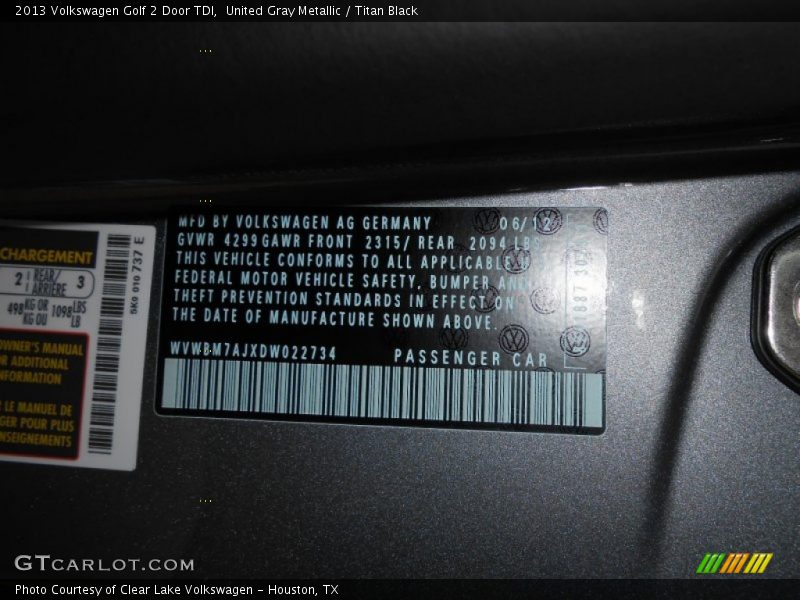 United Gray Metallic / Titan Black 2013 Volkswagen Golf 2 Door TDI