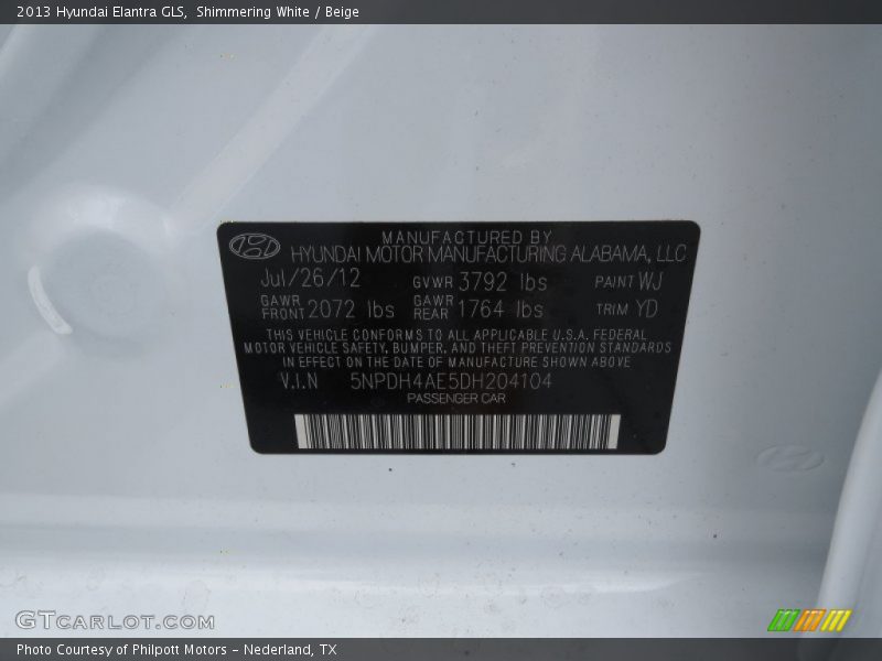 Shimmering White / Beige 2013 Hyundai Elantra GLS
