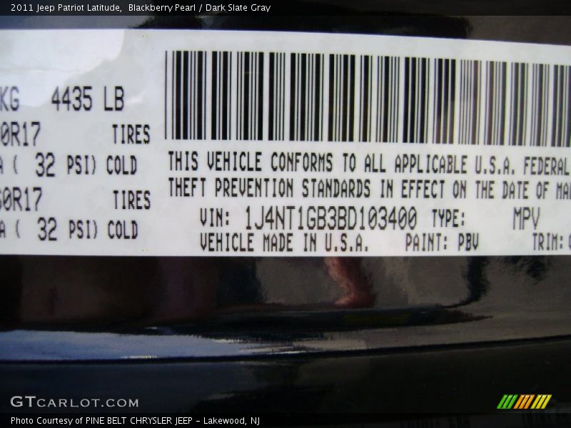 2011 Patriot Latitude Blackberry Pearl Color Code PBV