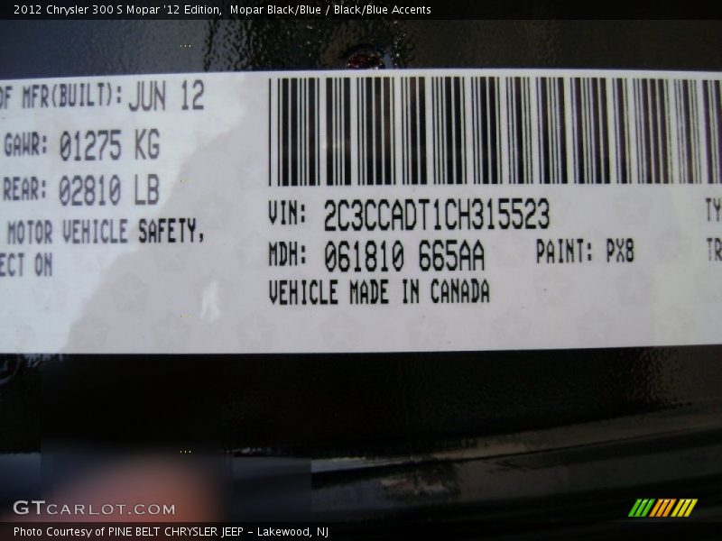 2012 300 S Mopar '12 Edition Mopar Black/Blue Color Code PX8