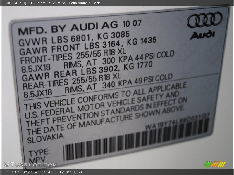 Calla White / Black 2008 Audi Q7 3.6 Premium quattro