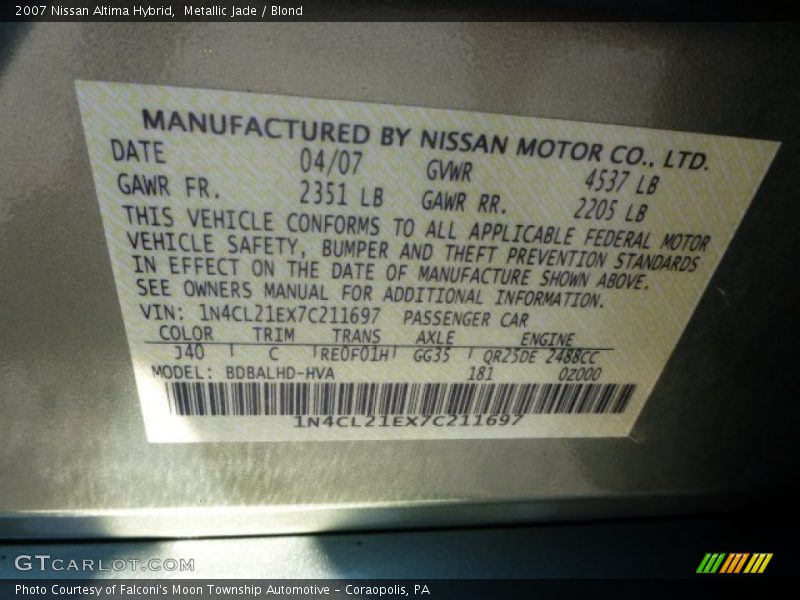 Metallic Jade / Blond 2007 Nissan Altima Hybrid