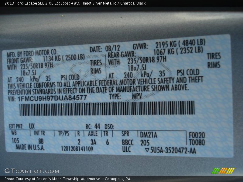 2013 Escape SEL 2.0L EcoBoost 4WD Ingot Silver Metallic Color Code UX