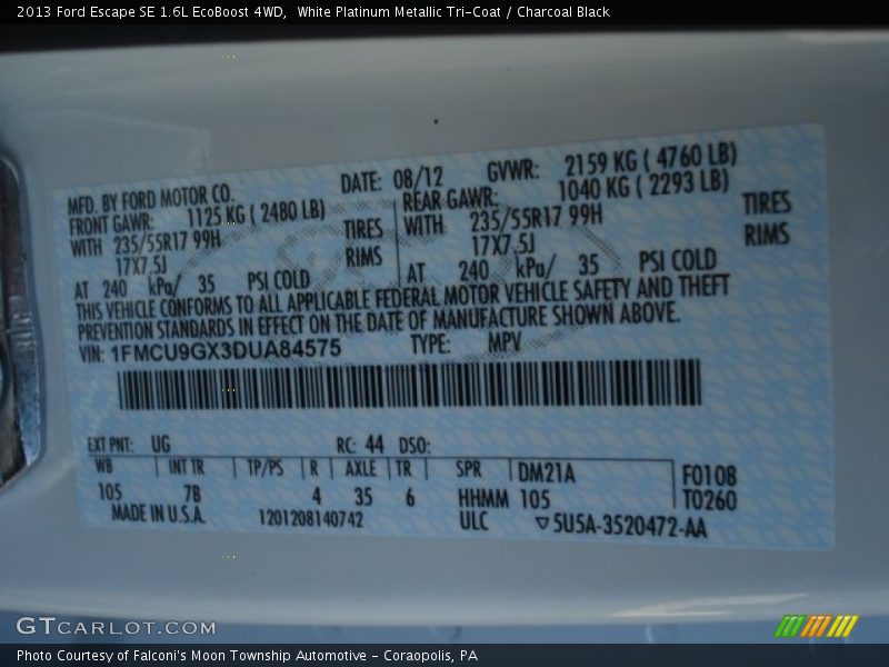 White Platinum Metallic Tri-Coat / Charcoal Black 2013 Ford Escape SE 1.6L EcoBoost 4WD