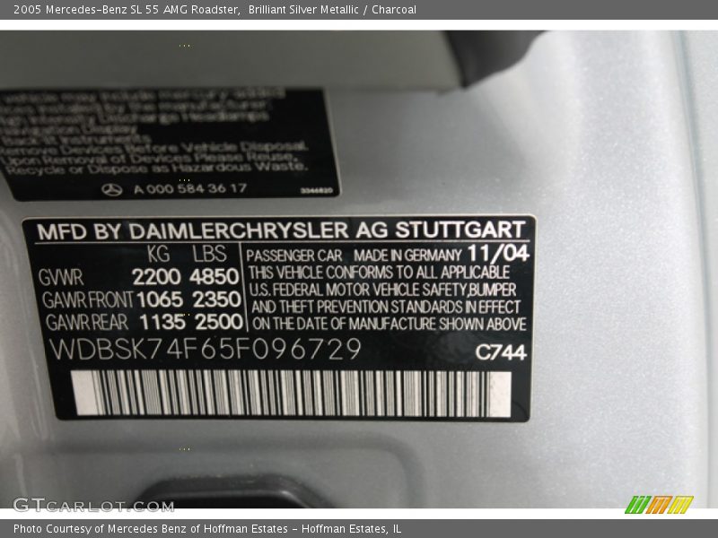 2005 SL 55 AMG Roadster Brilliant Silver Metallic Color Code 744