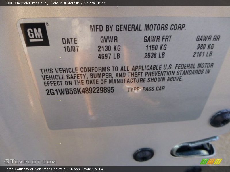 Gold Mist Metallic / Neutral Beige 2008 Chevrolet Impala LS