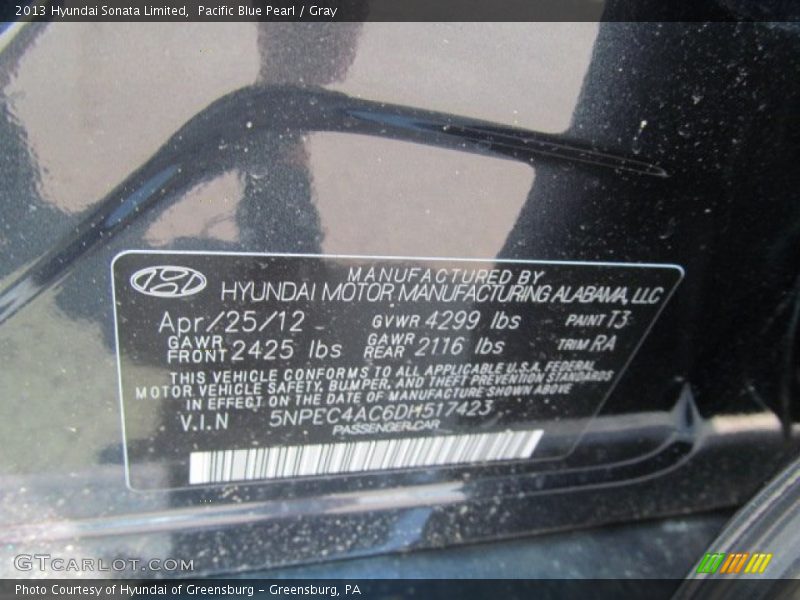 Pacific Blue Pearl / Gray 2013 Hyundai Sonata Limited