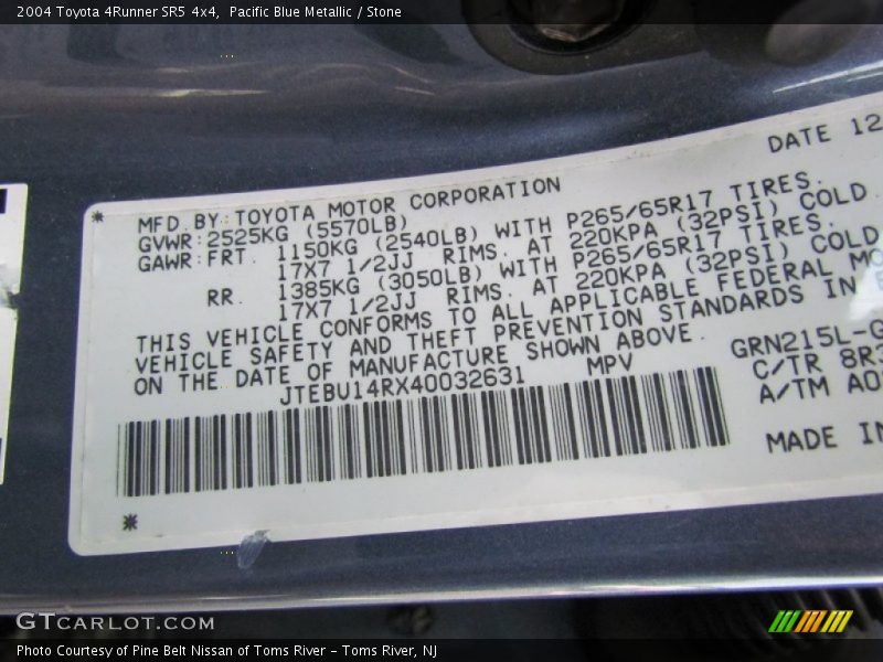 Pacific Blue Metallic / Stone 2004 Toyota 4Runner SR5 4x4