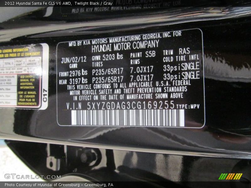 Twilight Black / Gray 2012 Hyundai Santa Fe GLS V6 AWD