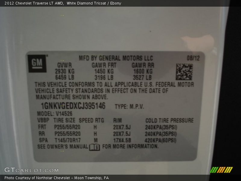 White Diamond Tricoat / Ebony 2012 Chevrolet Traverse LT AWD