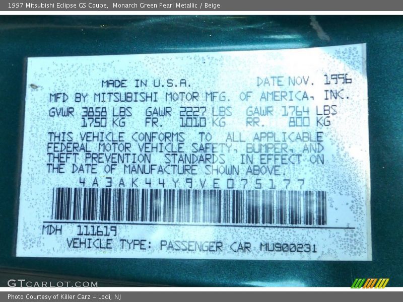Monarch Green Pearl Metallic / Beige 1997 Mitsubishi Eclipse GS Coupe
