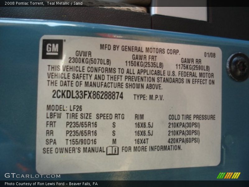 Teal Metallic / Sand 2008 Pontiac Torrent