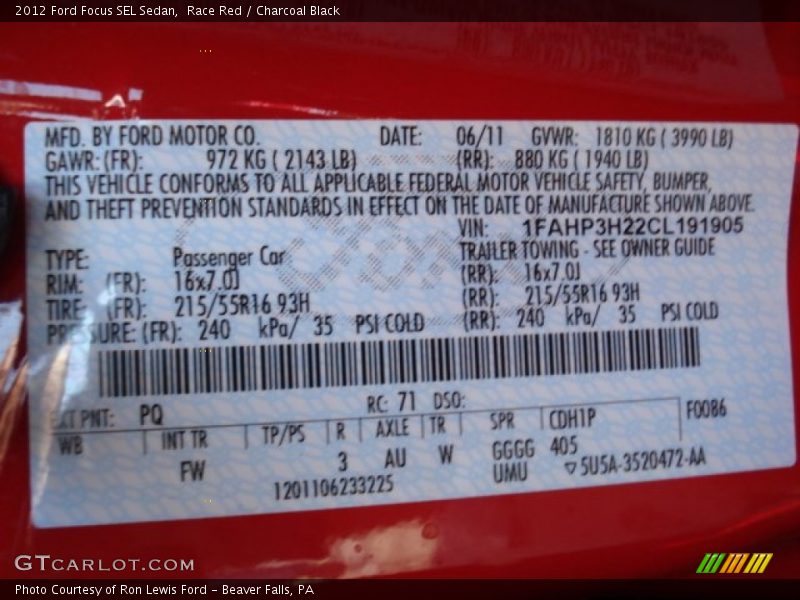 Race Red / Charcoal Black 2012 Ford Focus SEL Sedan