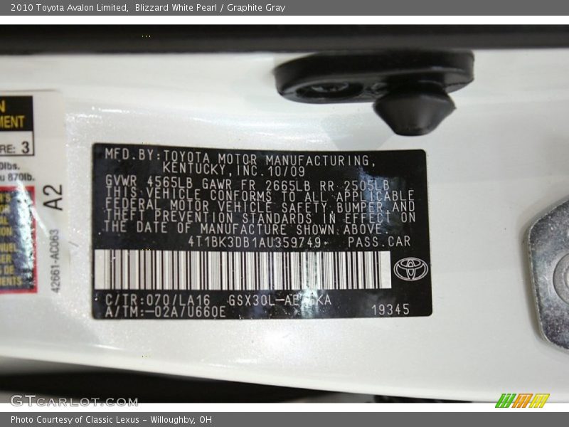 Blizzard White Pearl / Graphite Gray 2010 Toyota Avalon Limited
